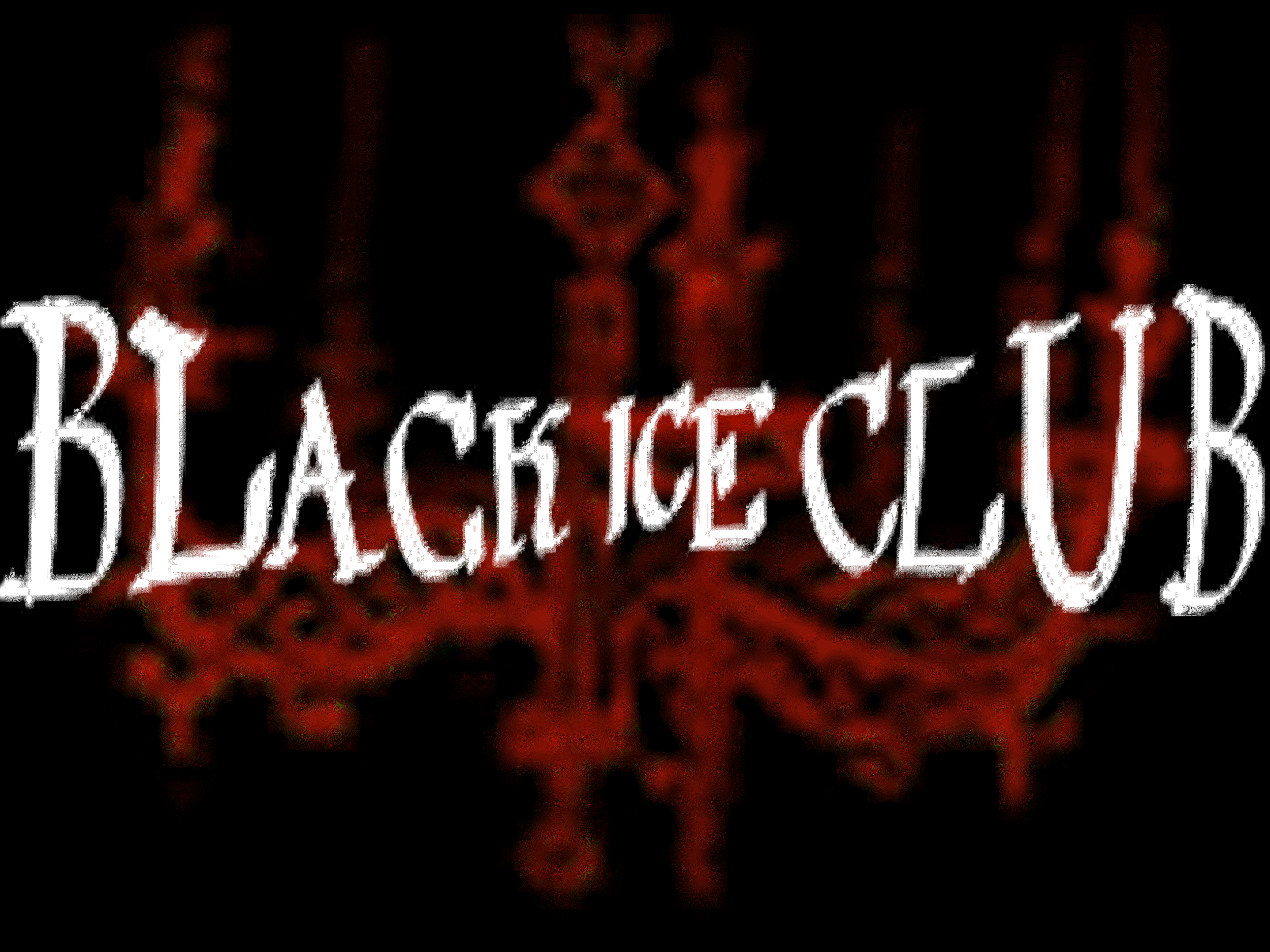 an out of focus red chandelier with a logo reading 'BLACK ICE CLUB' in white over top